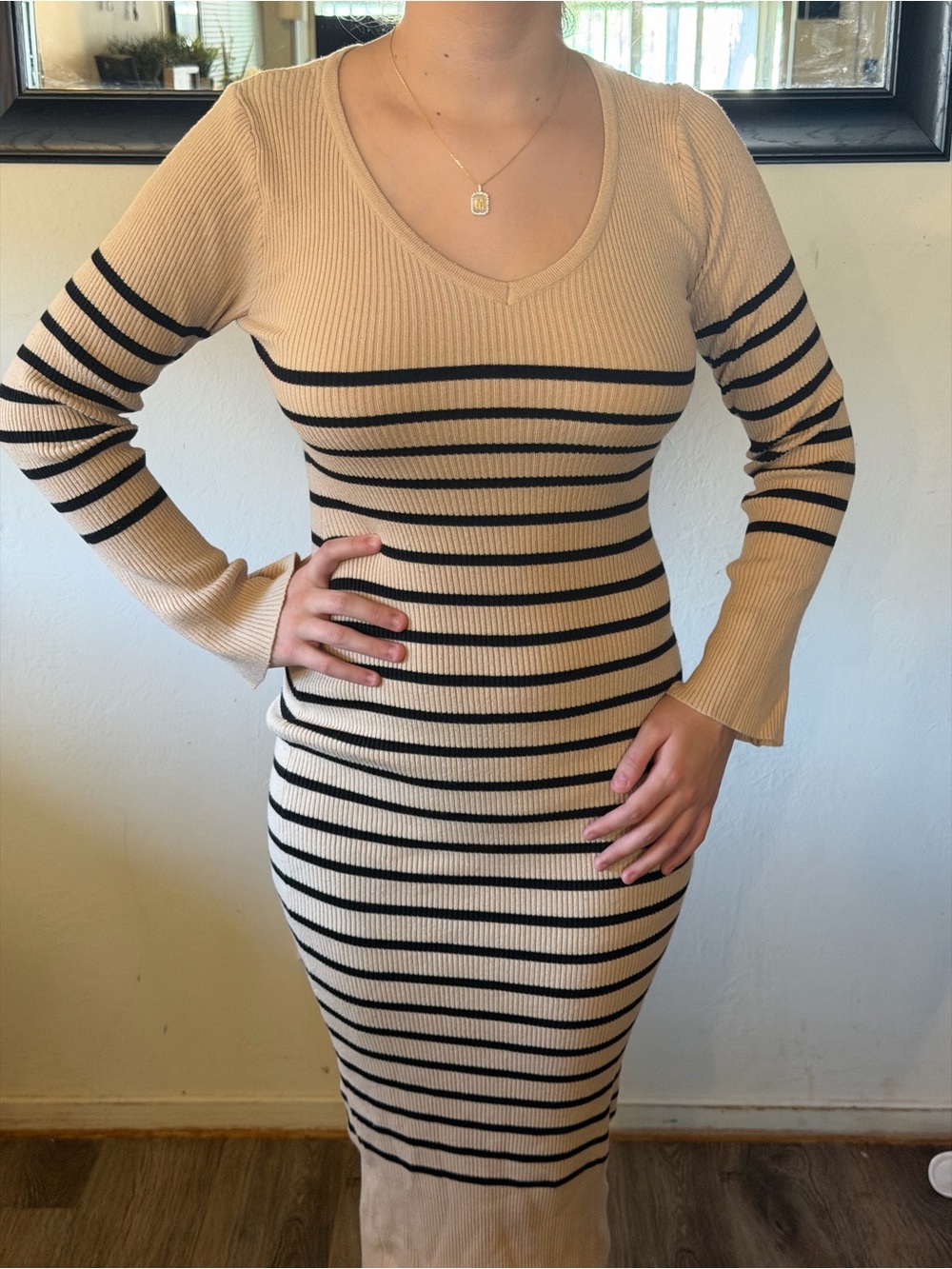 SHEIN Beige & Black Ribbed Striped Sweater Midi Dress | Size Small